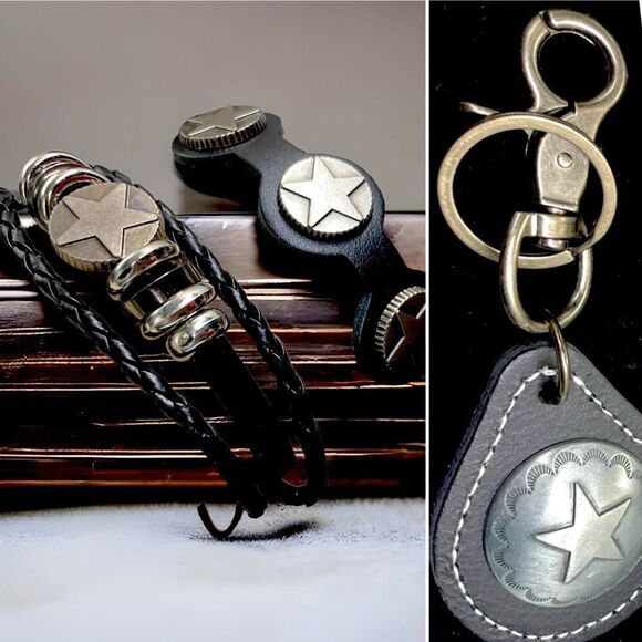 For Him l 3-piece Leather Accessories Set l Bracelets / Bag Charm-Key Ring l New - Picture 1 of 13